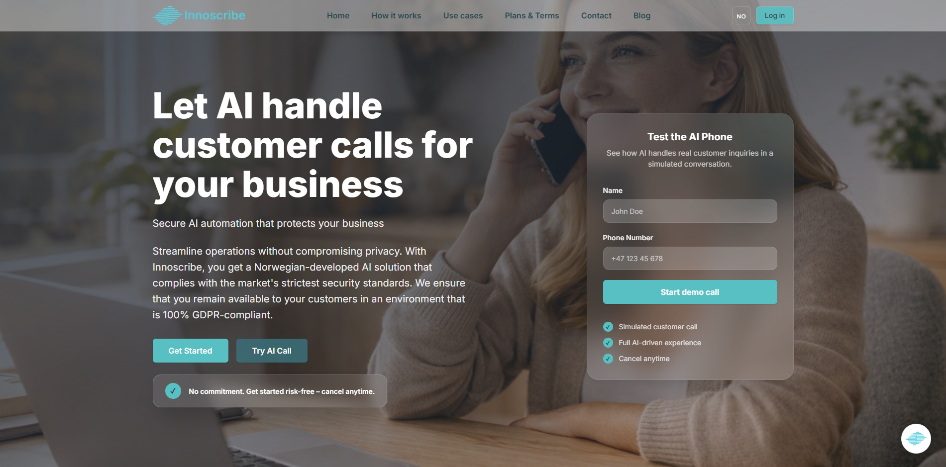 Innoscribe landing page with AI phone demo form