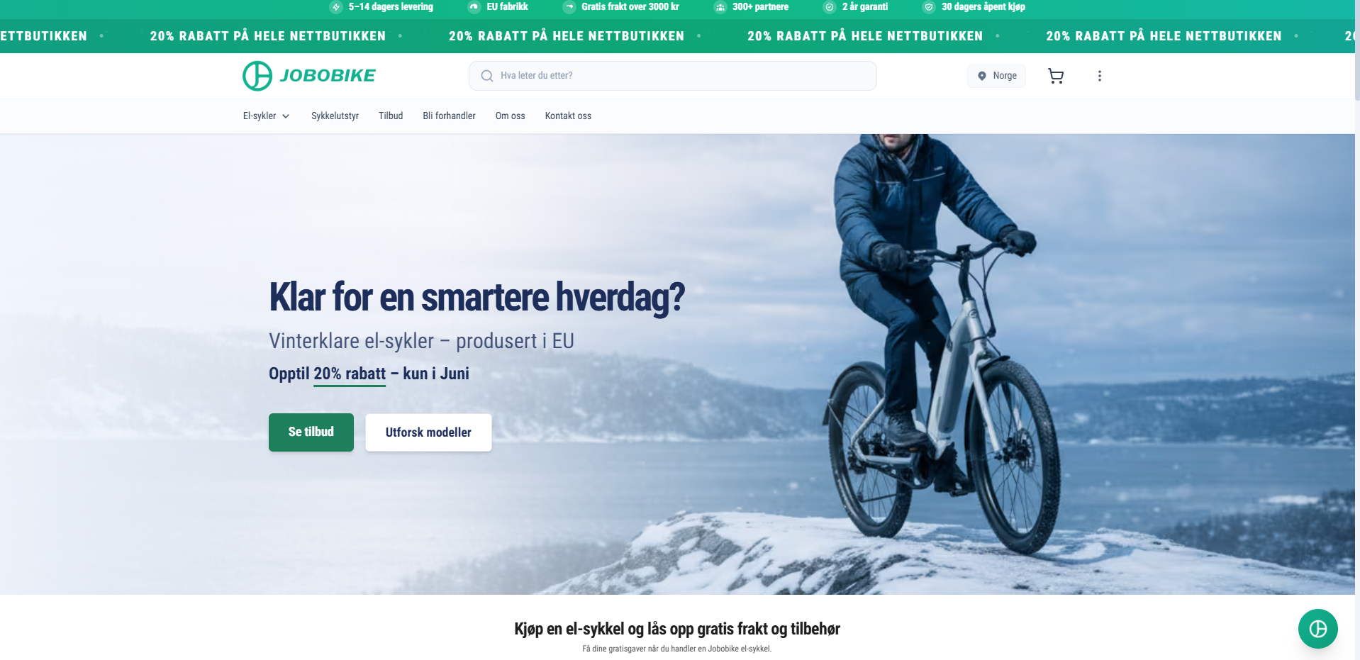 Jobobike storefront homepage with hero banner and promotions