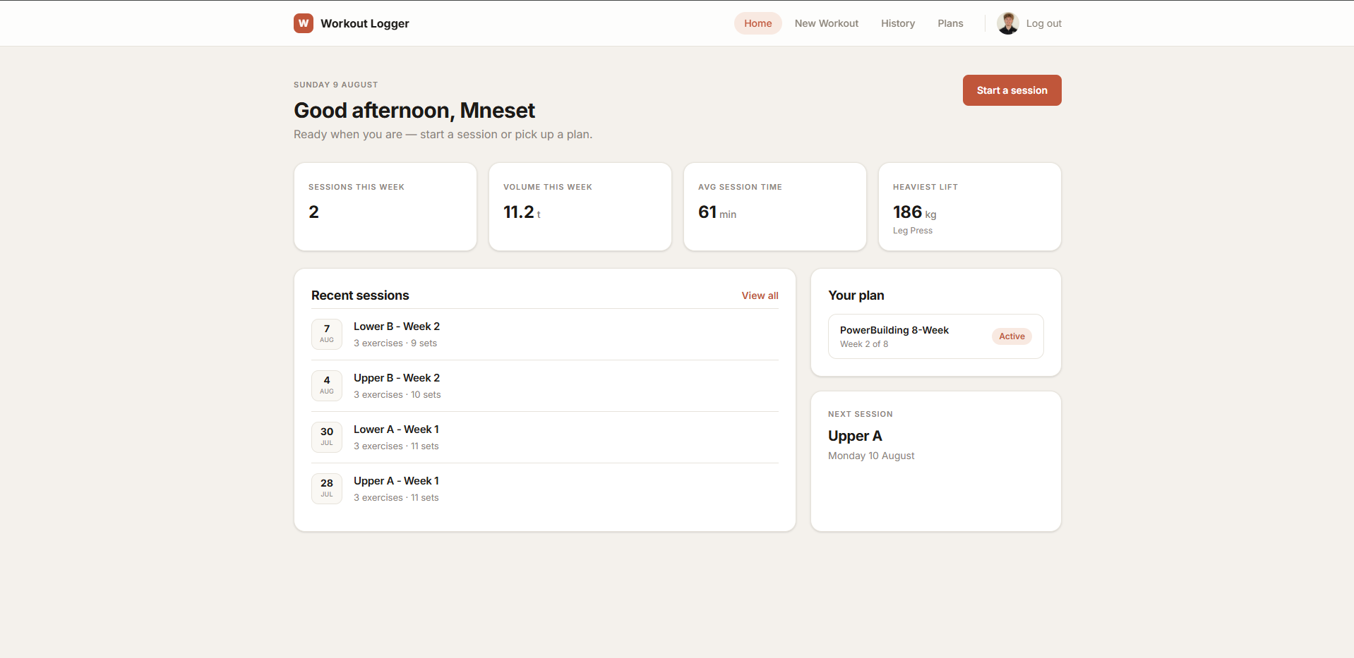 Dashboard with a greeting, weekly stats, recent sessions and active plan progress
